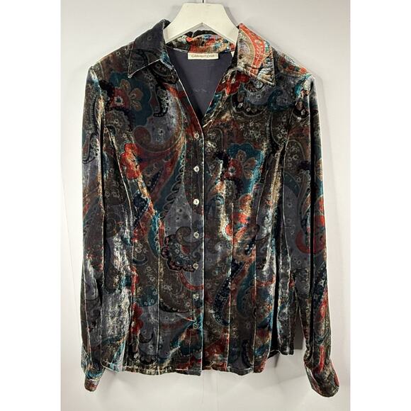 Coldwater Creek Velvet Button Up Top Womens Size 6 8 Paisley Boho Whimsigoth - Picture 1 of 10